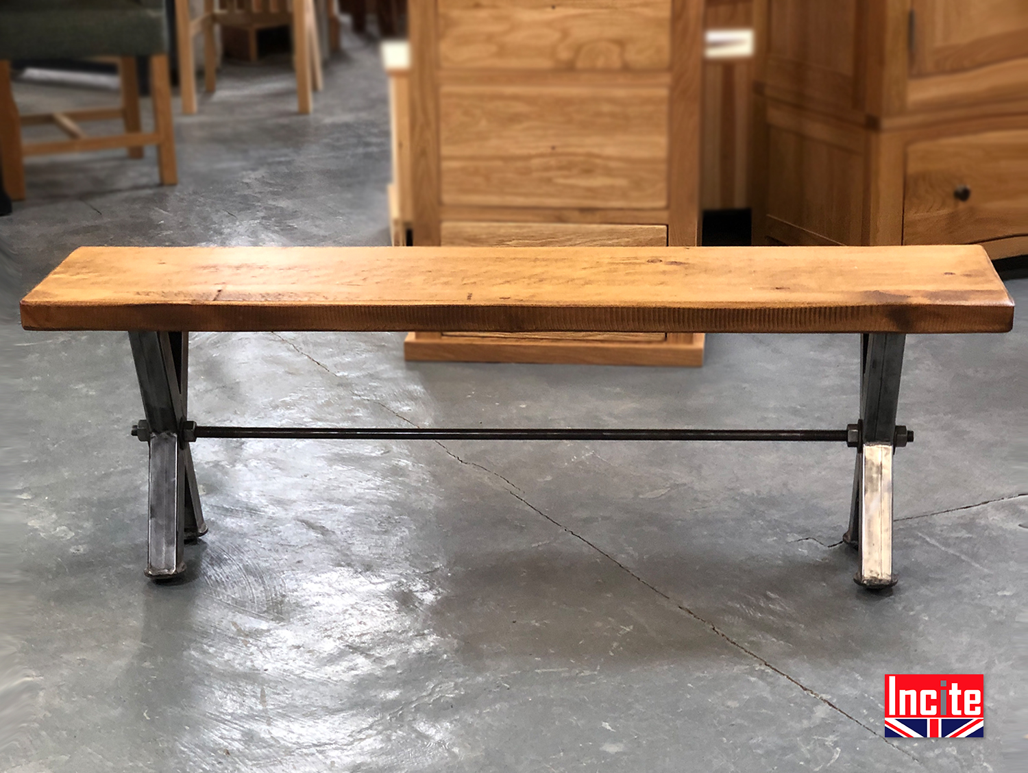 X Frame Plank Pine Industrial Bench Incite Interiors